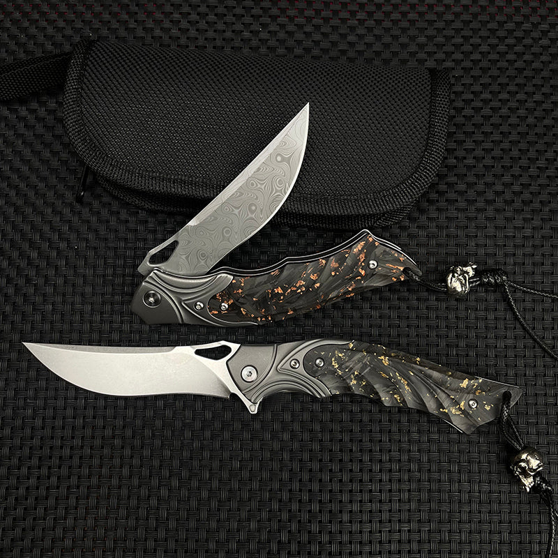 Night Owl M390 Damascus Tactical Folding Knife - Carbon Fiber Handle