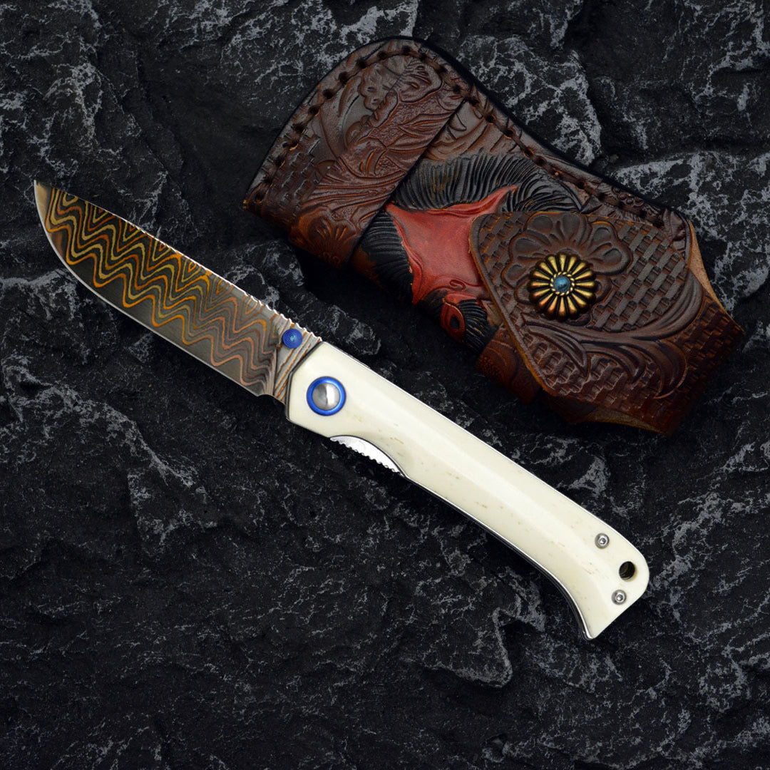 Winged Avian Damascus Folding Knife | G10 Handle & Zirconium Inlay | 59HRC
