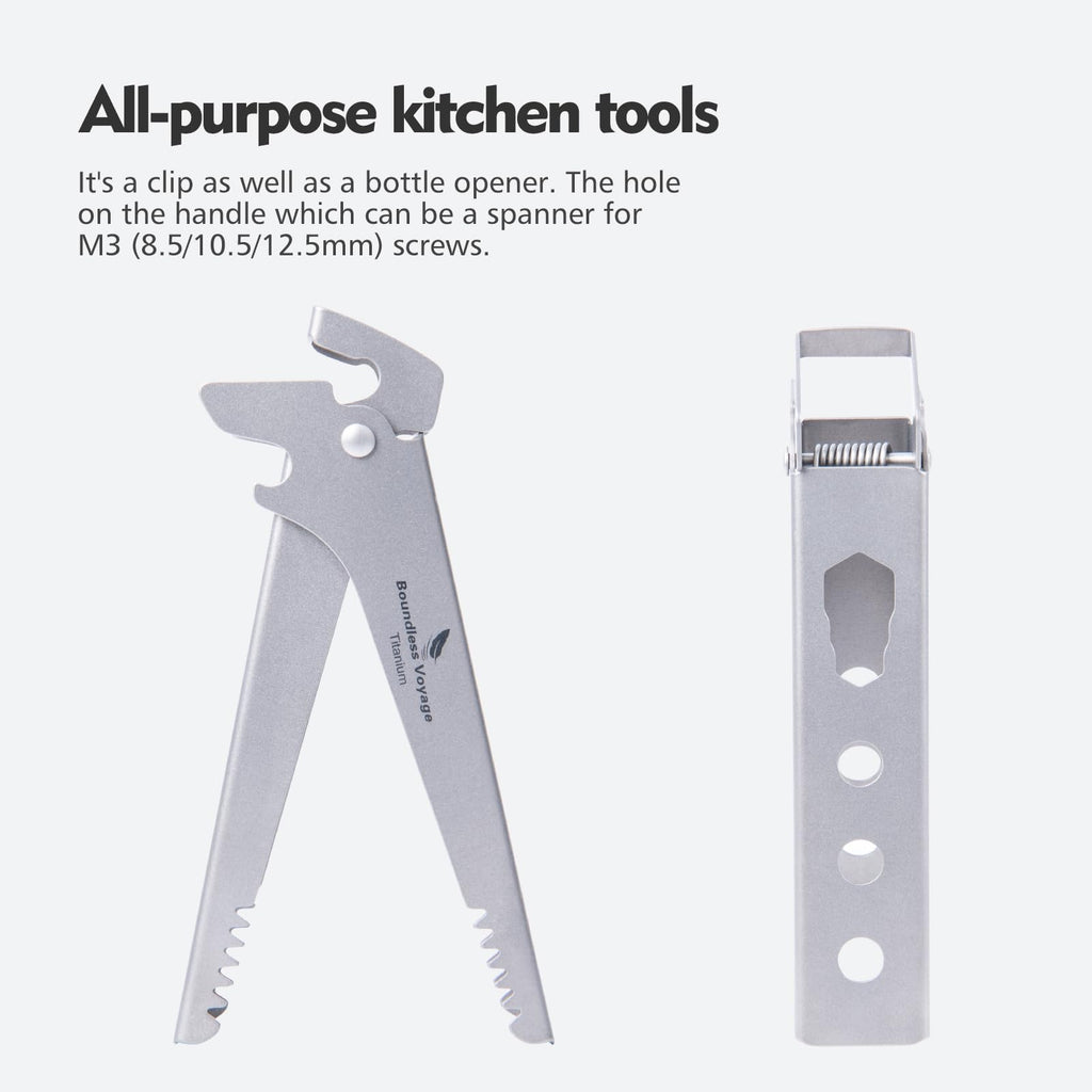 Pure Titanium Camping Tongs - 3-in-1 Pot Gripper, Bottle Opener & Wrench