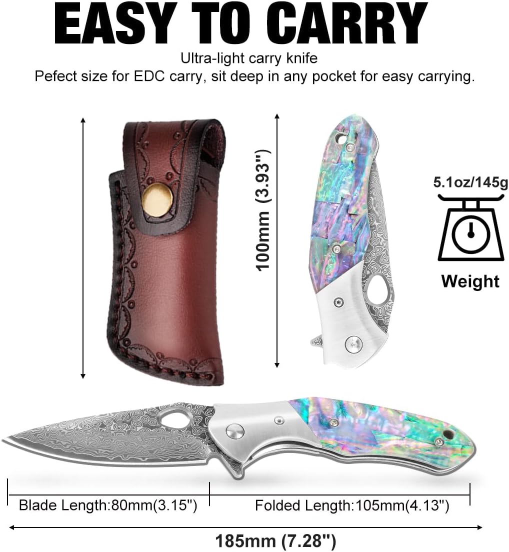 Shellshade Swoop Damascus Folding Knife - VG10 Steel with Abalone Shell Handle