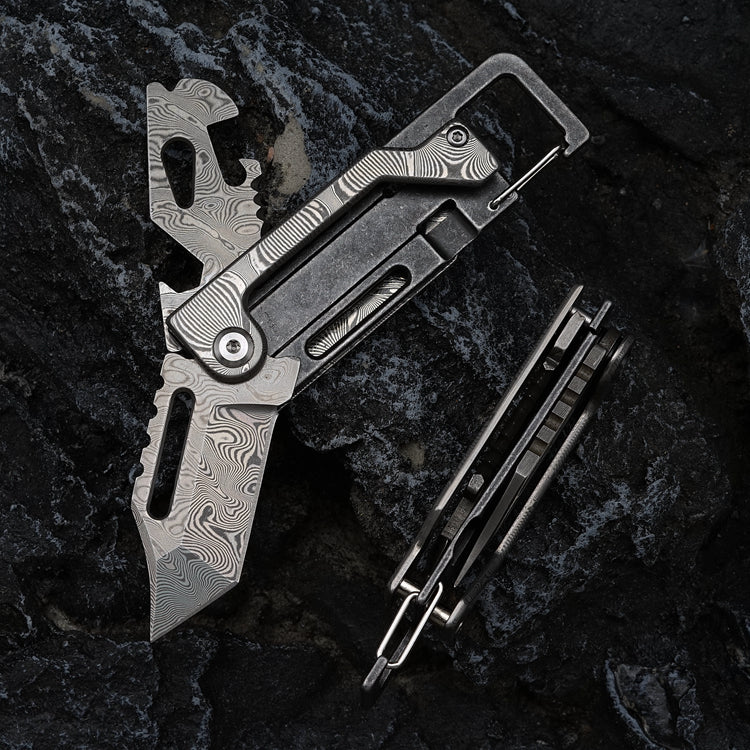 Dual-Action Blade Damascus Folding Knife - 9-in-1 EDC Keychain Tool