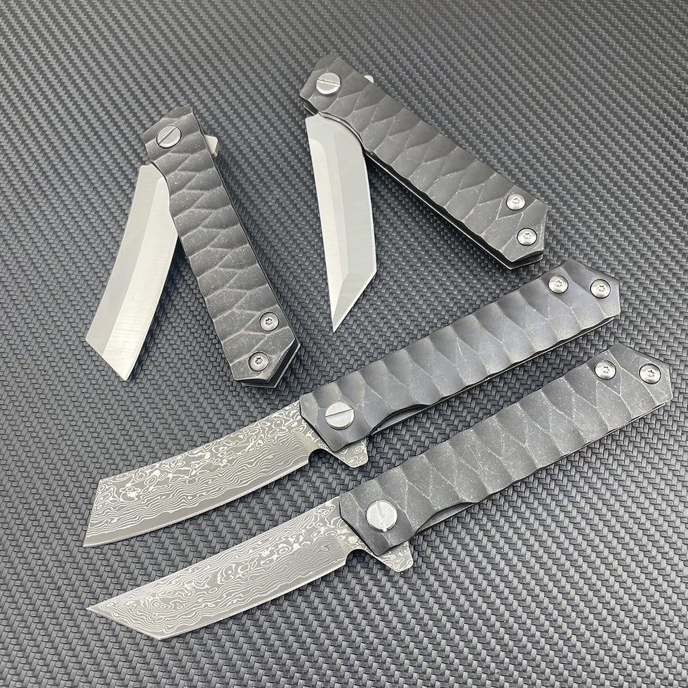 Damascus Folding Knife D2 Steel Tanto Blade Bearing System Pocket Clip EDC Camping