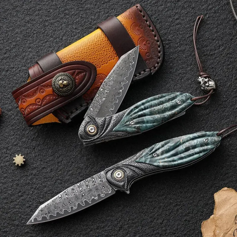 Peacock Forge VG10 Damascus Pocket Knife - Hand-Carved Handle EDC
