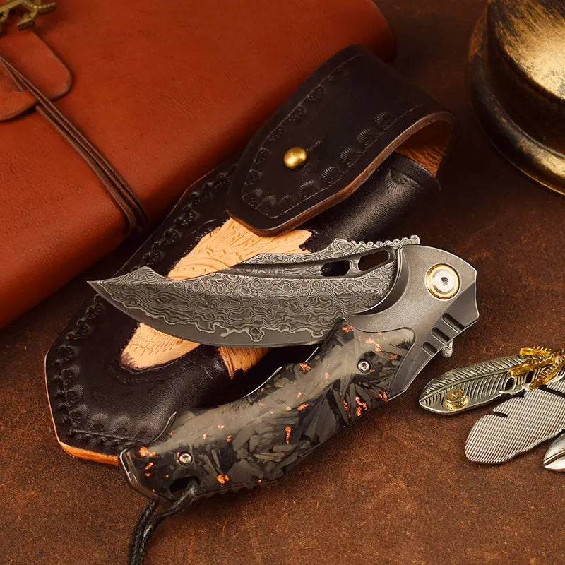 Damascus Folding Knife VG10 Carbon Fiber Handle Copper Flake Hand Finished EDC Collector