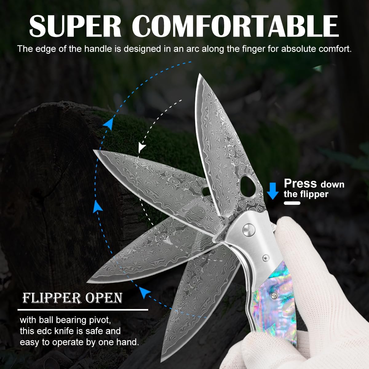 Shellshade Swoop Damascus Folding Knife - VG10 Steel with Abalone Shell Handle