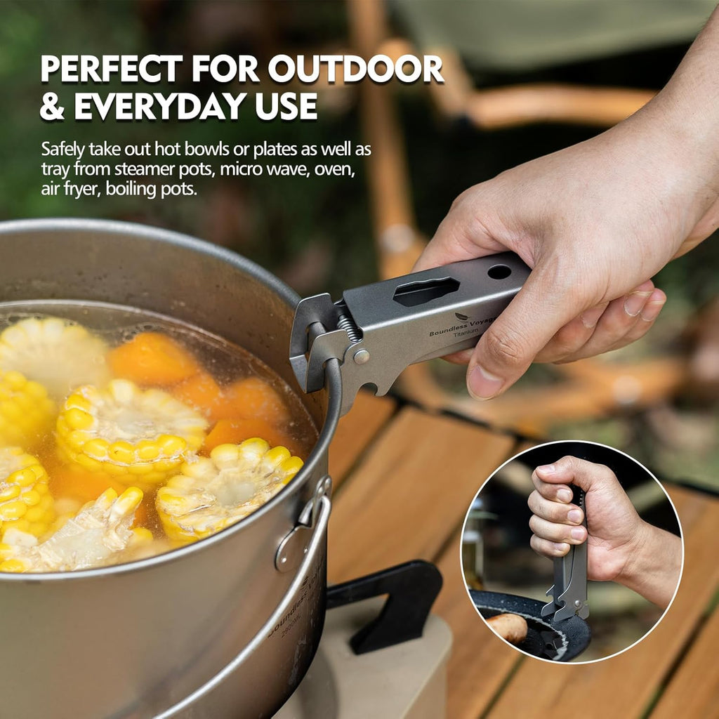 Pure Titanium Camping Tongs - 3-in-1 Pot Gripper, Bottle Opener & Wrench