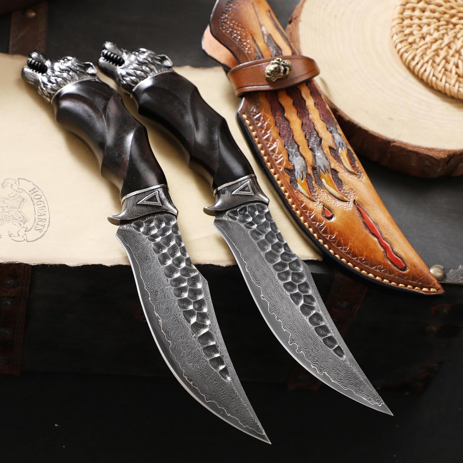 Nightbane Howler Damascus Steel Hunting Knife - 67-Layer VG-10 Core