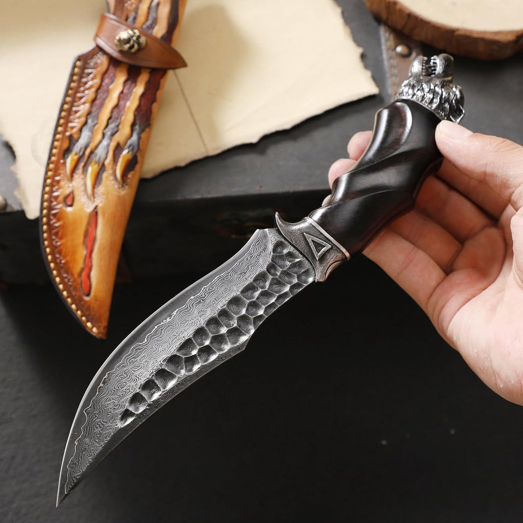 Nightbane Howler Damascus Steel Hunting Knife - 67-Layer VG-10 Core