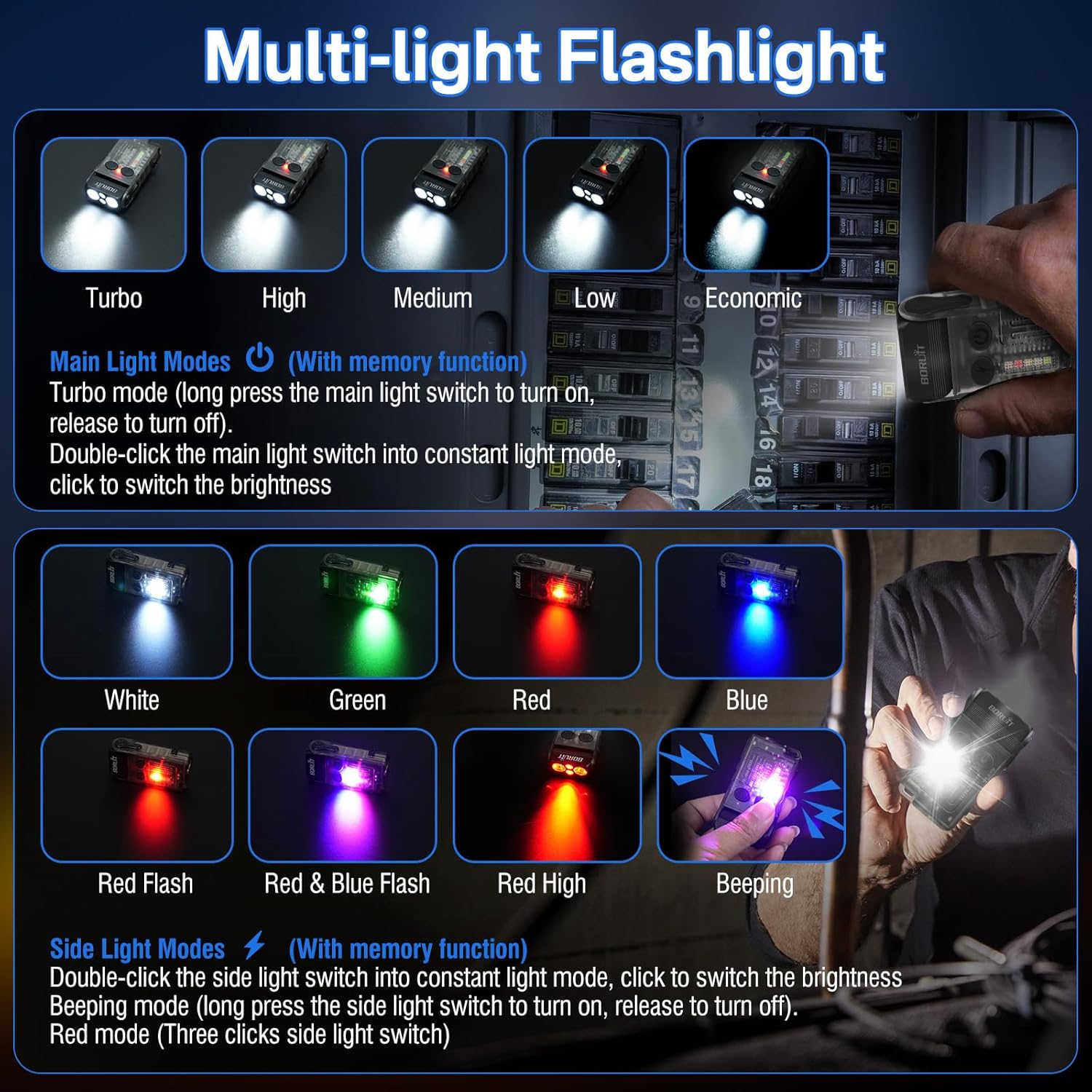 EDC Flashlight 1200 Lumens Emergency Buzzer UV Red Light IP67 Waterproof Magnetic
