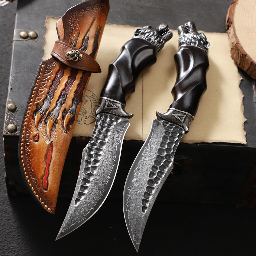 Nightbane Howler Damascus Steel Hunting Knife - 67-Layer VG-10 Core