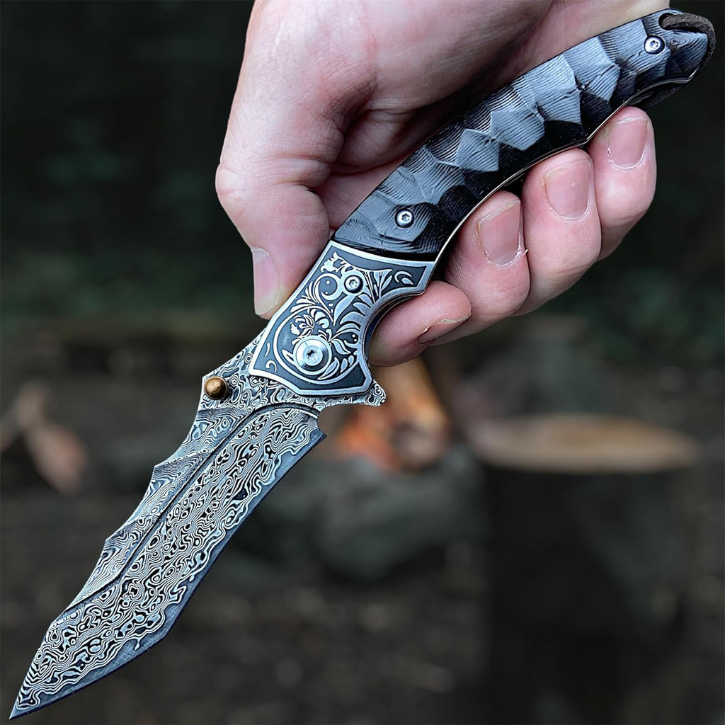 Sky Blade Damascus Folding Knife - 107-Layer VG10 Steel with Ebony Handle
