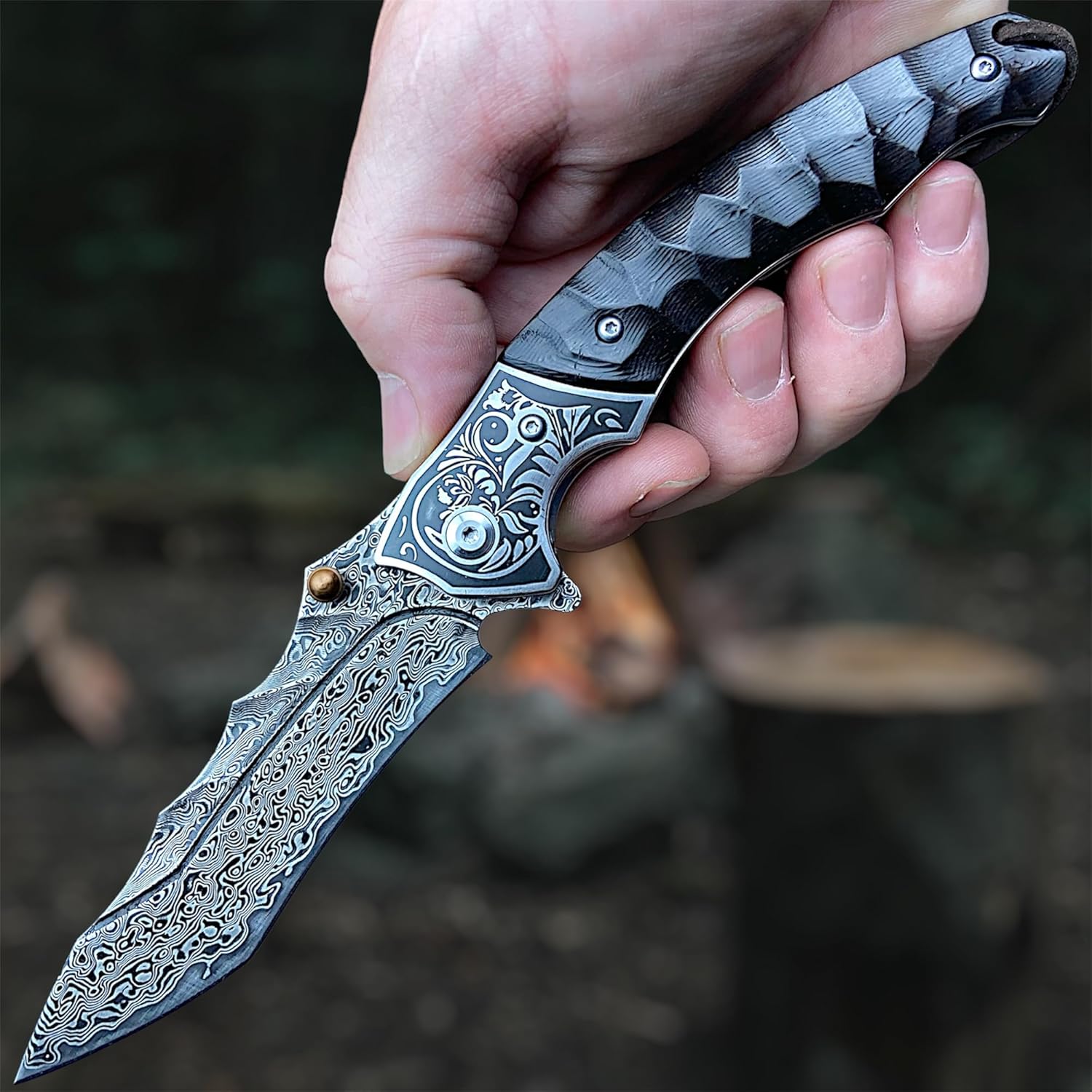 Sky Blade Damascus Folding Knife - 107-Layer VG10 Steel with Ebony Handle
