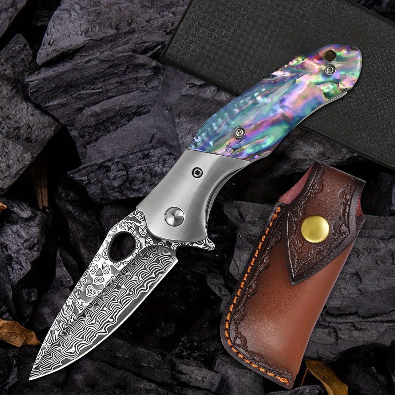 Shellshade Swoop Damascus Folding Knife - VG10 Steel with Abalone Shell Handle