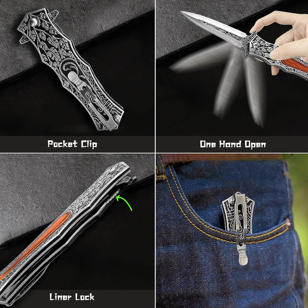 Pocket Knife Japanese Engraving One Hand Opening Liner Lock Stainless Steel EDC Collector