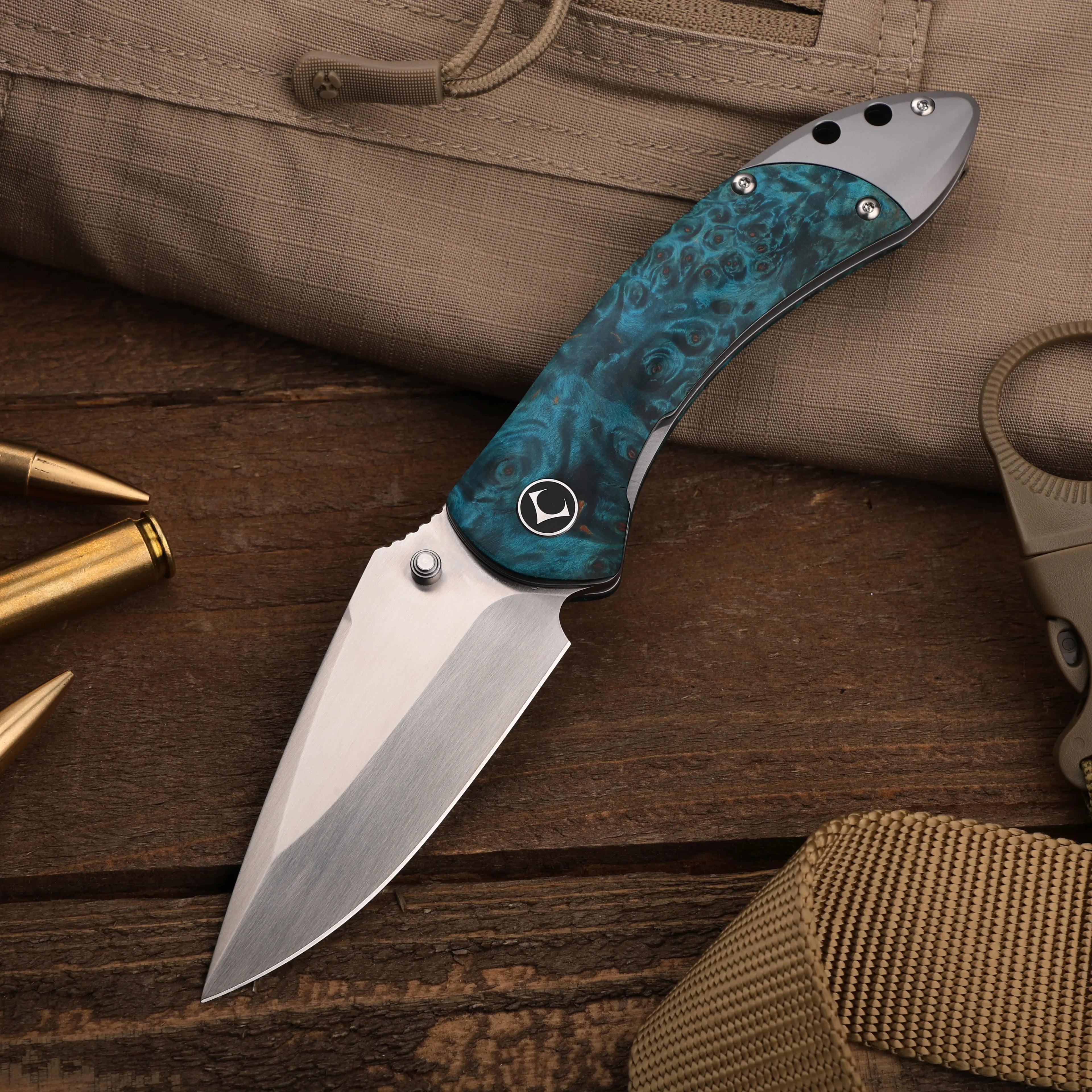 Enchantress VG10 Folding Knife - Stabilized Wood Titanium EDC
