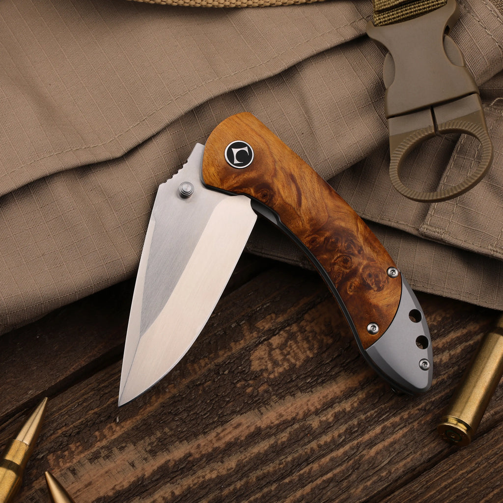 Enchantress VG10 Folding Knife - Stabilized Wood Titanium EDC