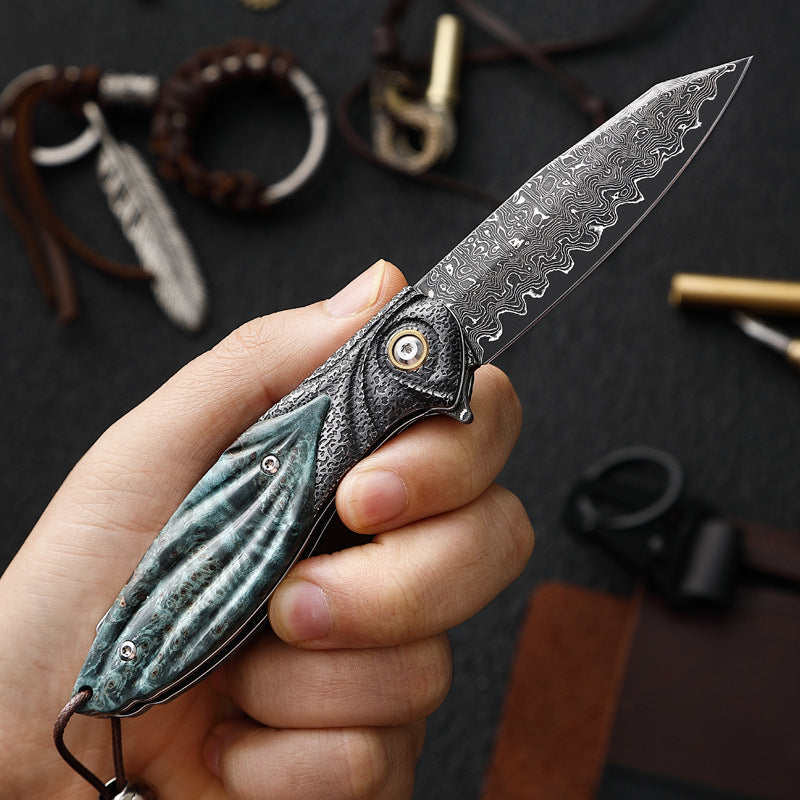 Peacock Forge VG10 Damascus Pocket Knife - Hand-Carved Handle EDC