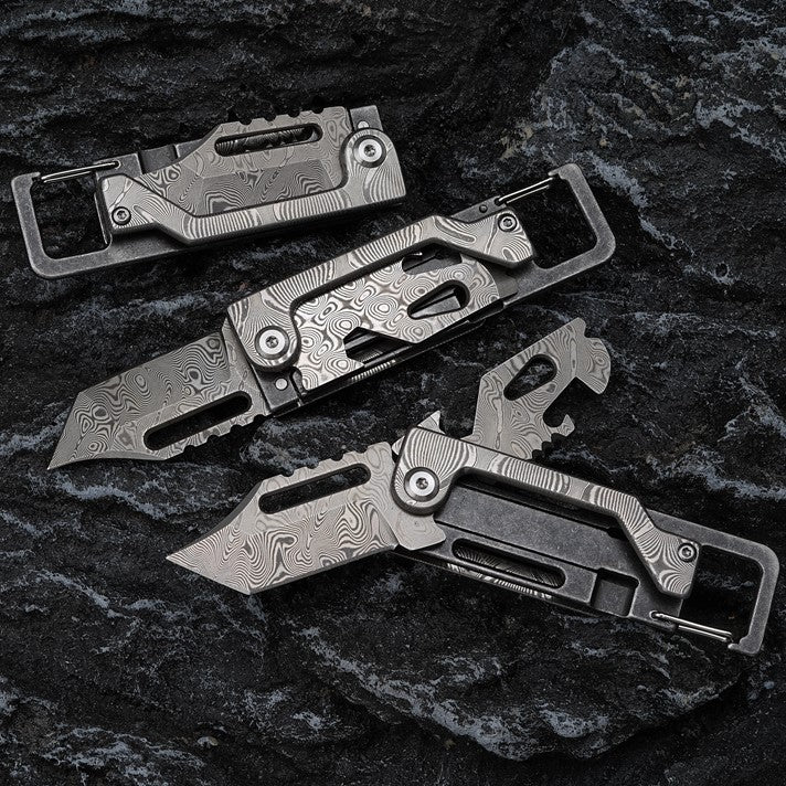 Dual-Action Blade Damascus Folding Knife - 9-in-1 EDC Keychain Tool
