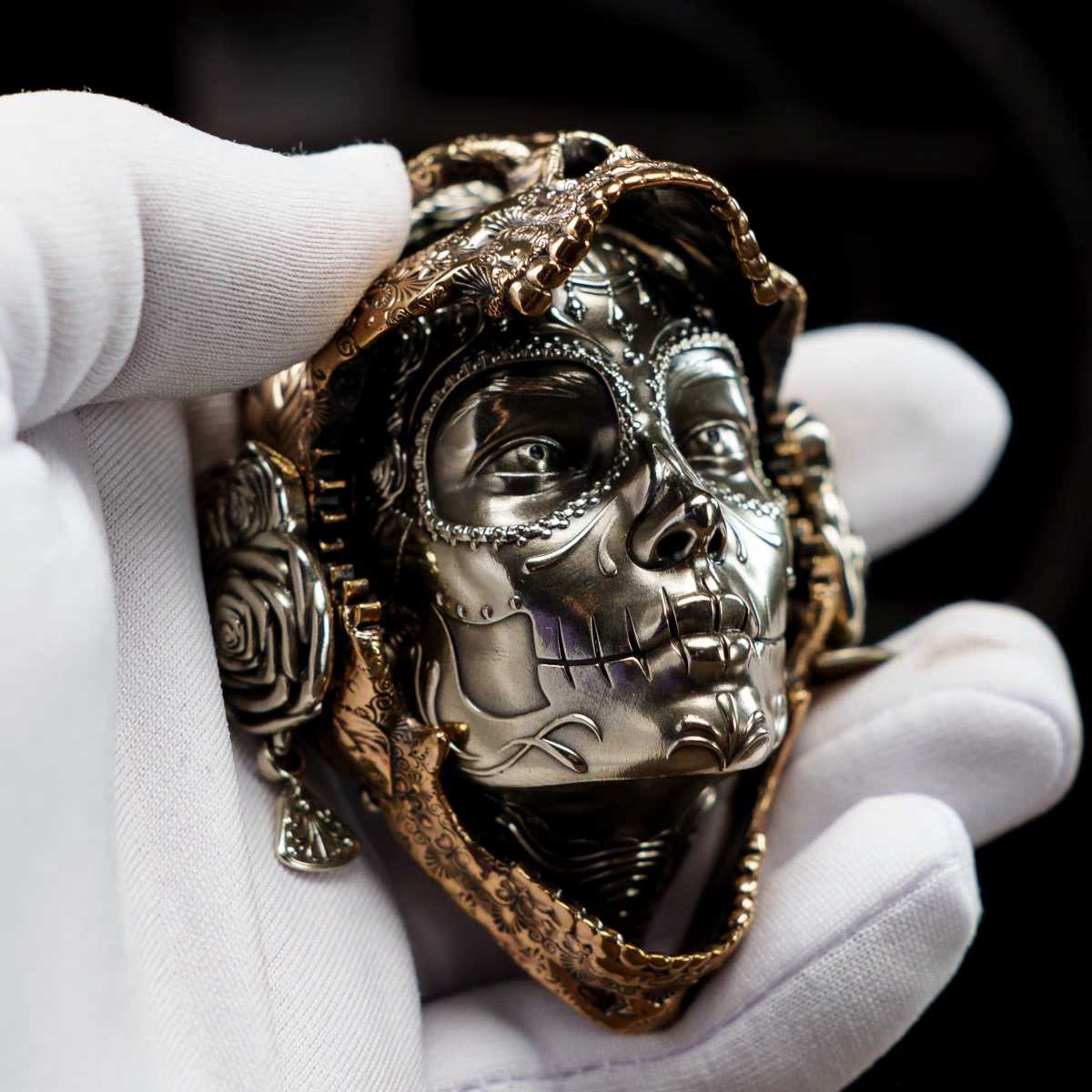 Bronze Mechanical Rose Skull Mask - Interactive EDC Art