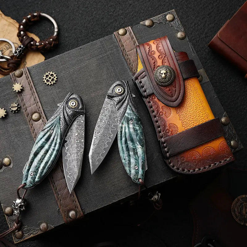 Peacock Forge VG10 Damascus Pocket Knife - Hand-Carved Handle EDC