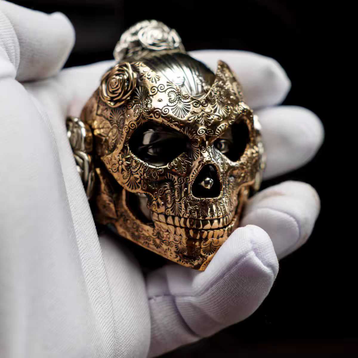 Bronze Mechanical Rose Skull Mask - Interactive EDC Art