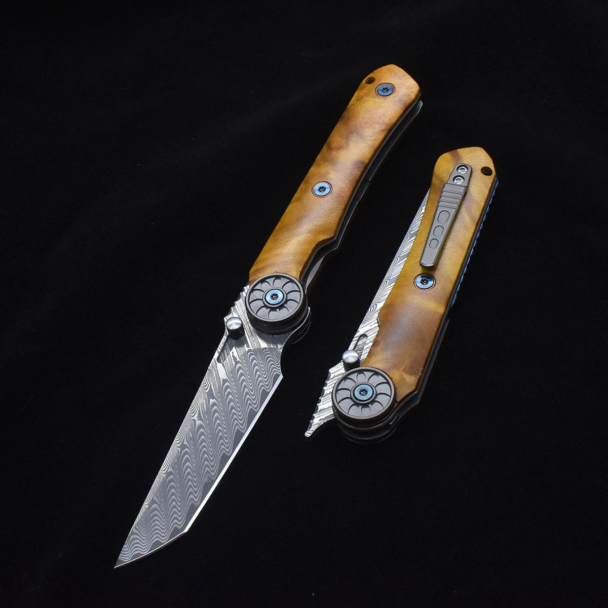 SolarFlame Damascus EDC Folding Knife - VG10 Steel with Golden Phoebe Handle