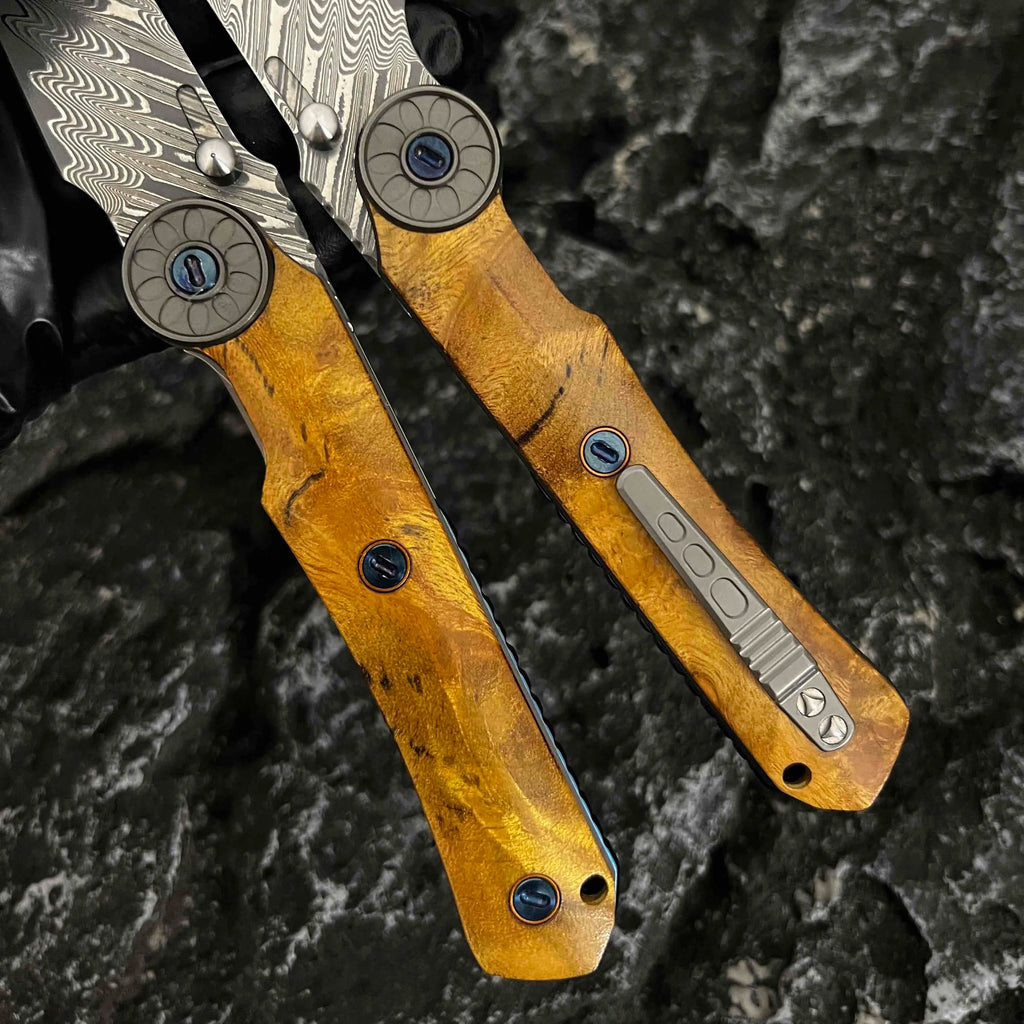 SolarFlame Damascus EDC Folding Knife - VG10 Steel with Golden Phoebe Handle