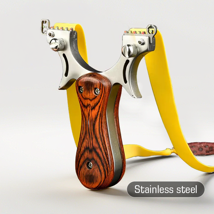 Wrist Rocket Slingshot – Wooden Handle Steel Fork with Fiber Optic Sight for Outdoor Shooting