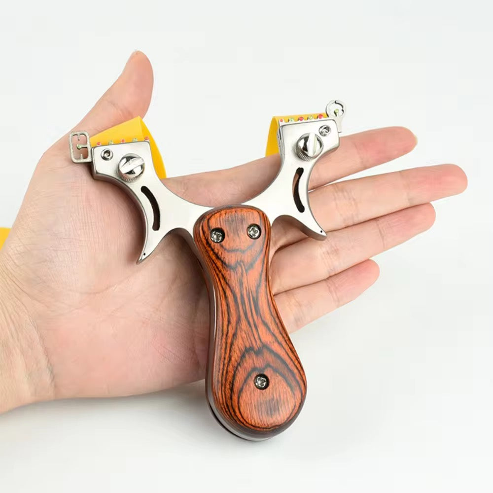 Wrist Rocket Slingshot – Wooden Handle Steel Fork with Fiber Optic Sight for Outdoor Shooting