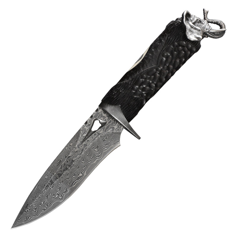 Damascus Knife Hand Forged 103 Layer VG10 Ebony Handle Elephant Head Leather Sheath Collector