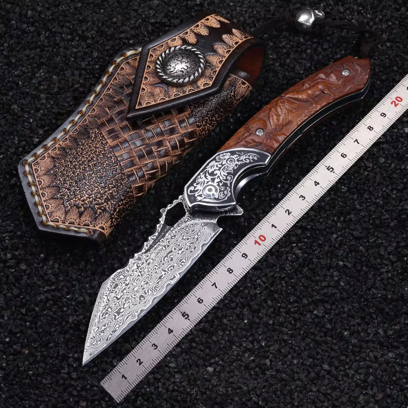 Damascus Folding Knife VG10 Steel Ironwood Handle Wave Pattern EDC Collector Knife