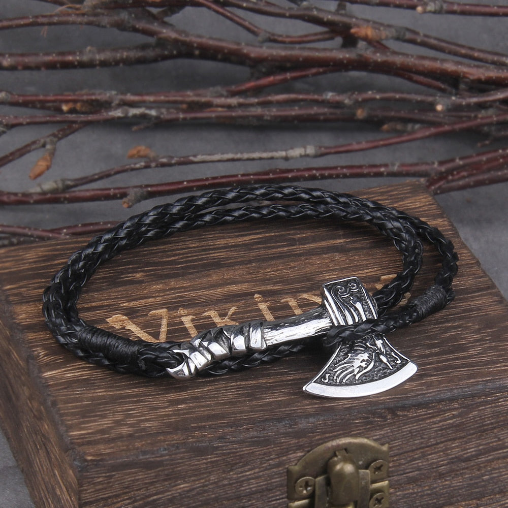Leather Bracelet – Viking Combat Axe Valknut Nordic Amulet Multilayer Bangle
