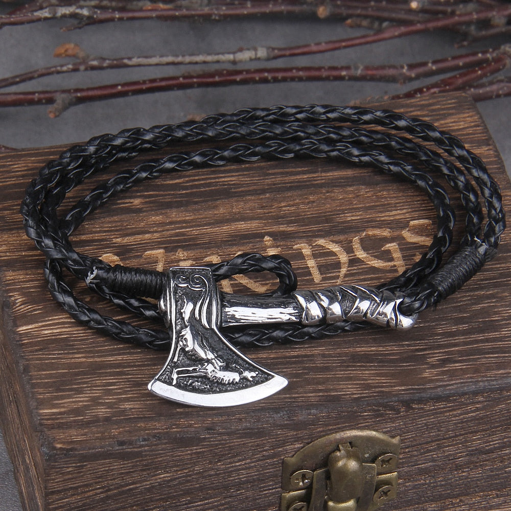 Leather Bracelet – Viking Combat Axe Valknut Nordic Amulet Multilayer Bangle