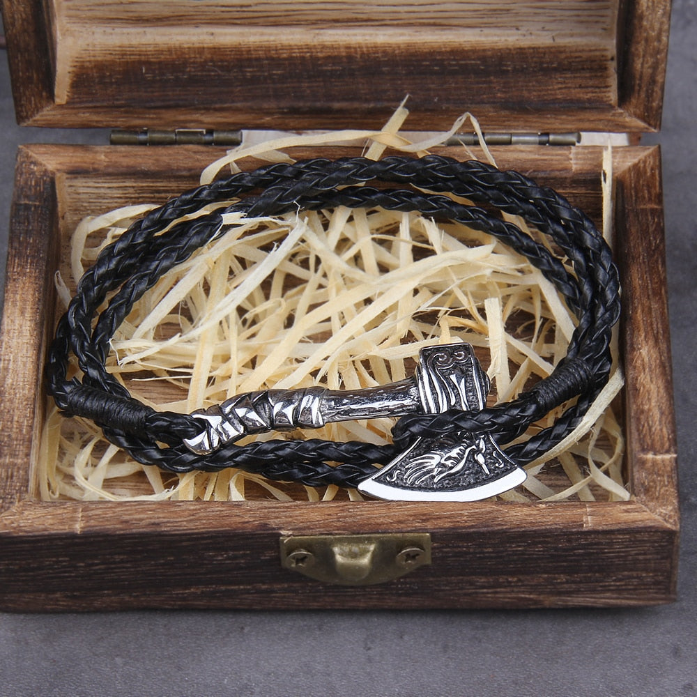 Leather Bracelet – Viking Combat Axe Valknut Nordic Amulet Multilayer Bangle