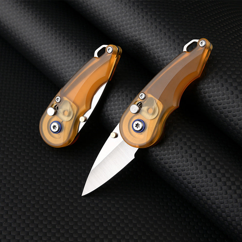 Keychain Folding Knife 7Cr Steel PEI Handle Drop Point Amber EDC Mini Pocket Knife