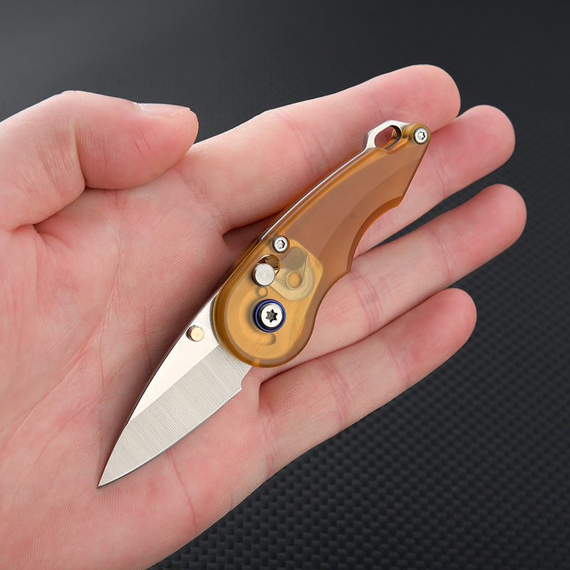 Amber Gem Sharp PEI Handle Drop Point Mini EDC Keychain Folding Knife | 7Cr Steel