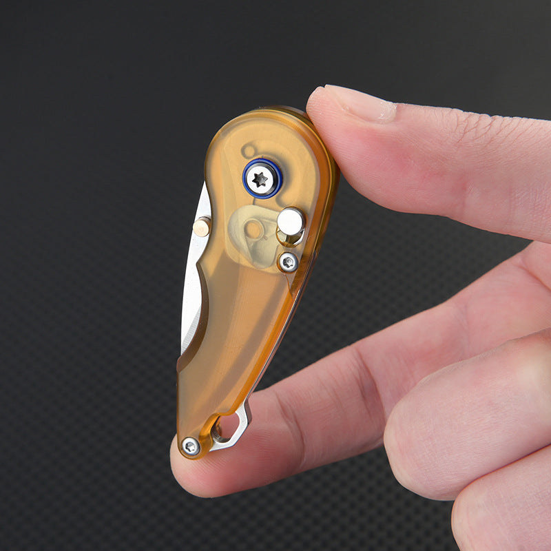 Keychain Folding Knife 7Cr Steel PEI Handle Drop Point Amber EDC Mini Pocket Knife
