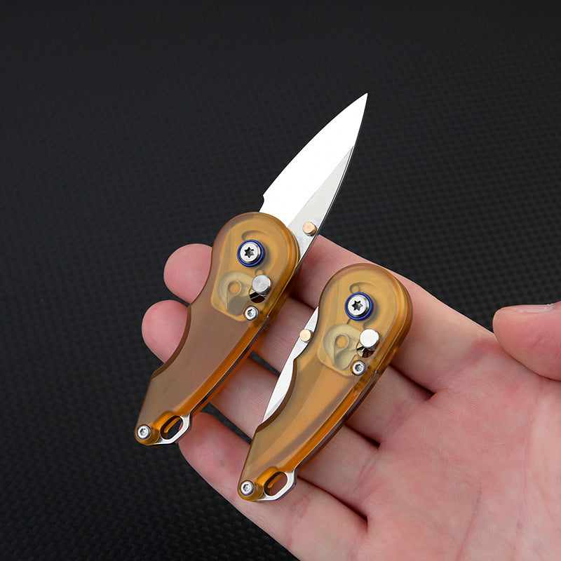 Keychain Folding Knife 7Cr Steel PEI Handle Drop Point Amber EDC Mini Pocket Knife