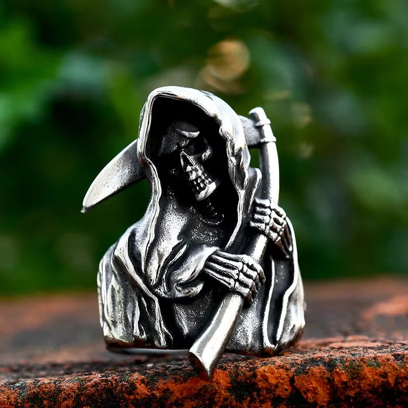 Grim Reaper Ring – Eerie Skull Scythe Stainless Steel Gothic Punk Biker Ring for Men