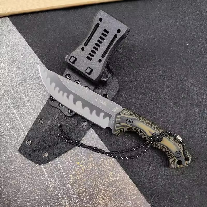 M26 Fixed Blade Straight Knife - Wave-Pattern Blade with G10 Handle & Kydex Sheath Tactical