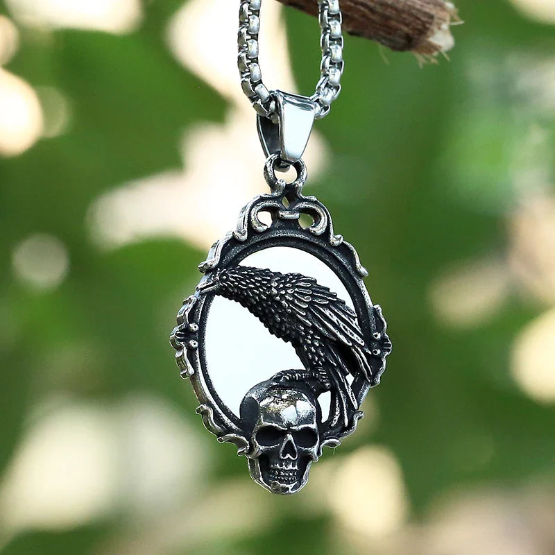 Skull Necklace – Omen Crow Gothic Punk Dark Statement Pendant