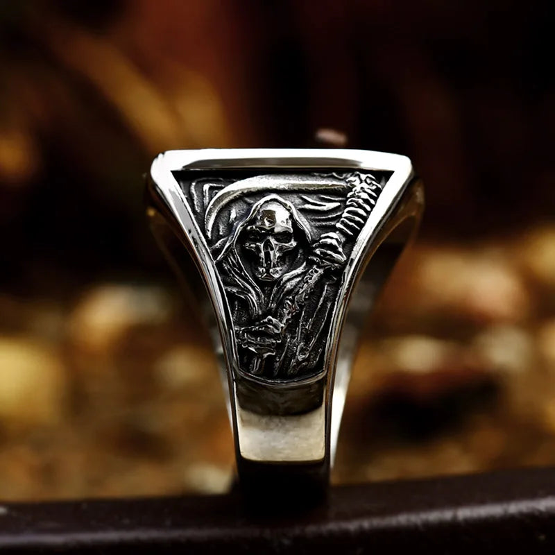 Grim Reaper Ring – Eerie Skull Scythe Stainless Steel Gothic Punk Biker Ring for Men