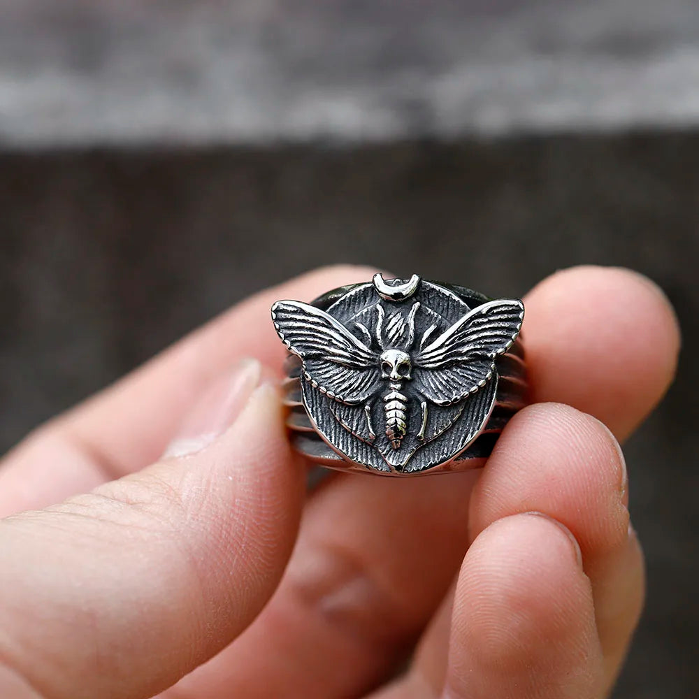 Skull Ring – Death's Head Moth 316L Stainless Steel Gothic Punk Biker Ring for Men Women