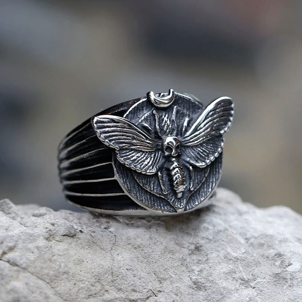 Skull Ring – Death's Head Moth 316L Stainless Steel Gothic Punk Biker Ring for Men Women