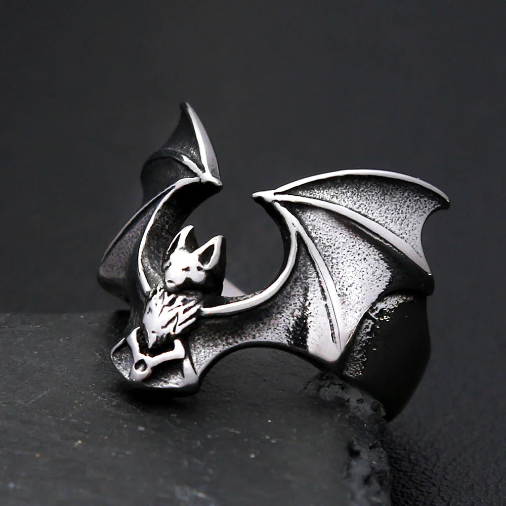 Gothic Bat Ring Stainless Steel – Punk Biker Wide Band Ring for Men Women