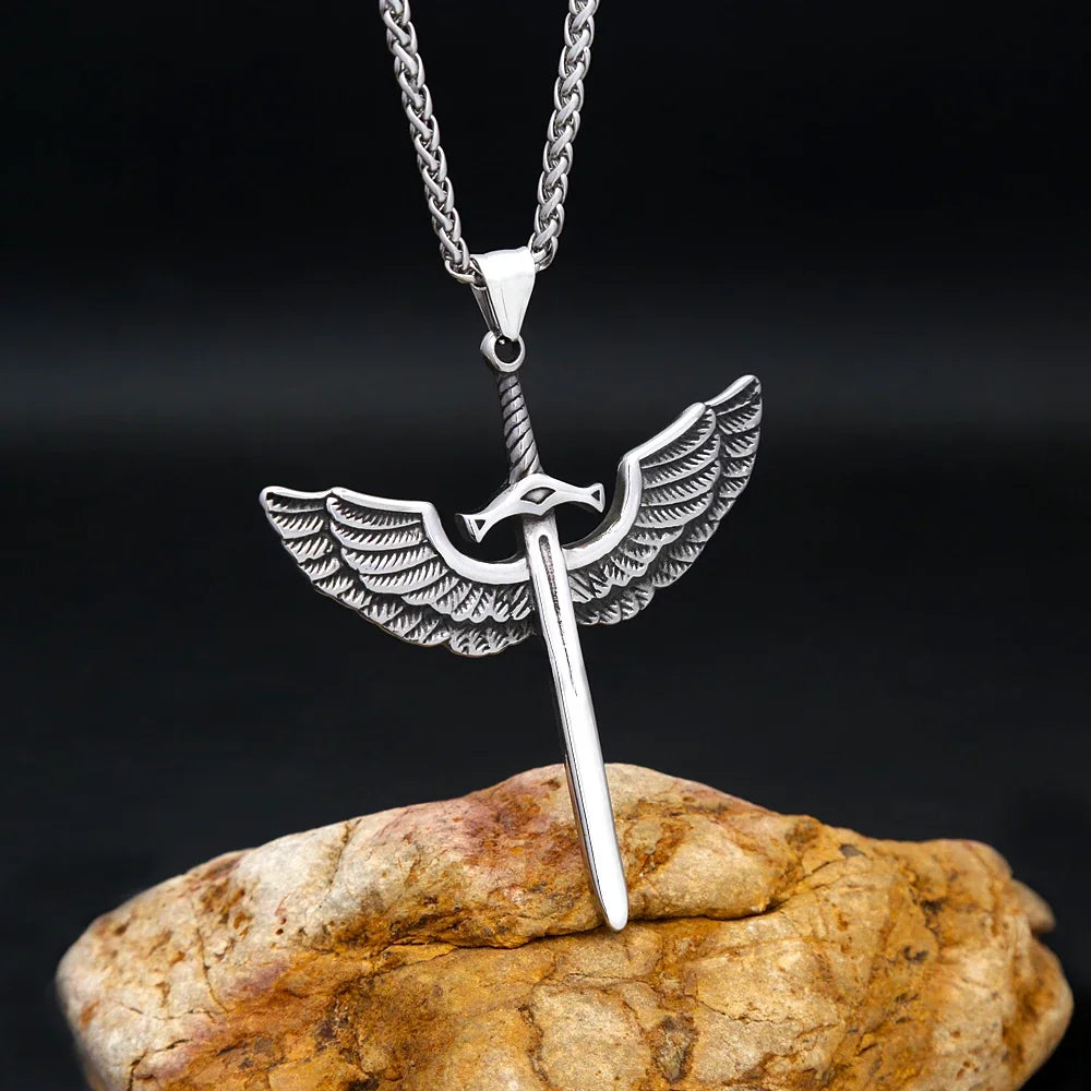 Punk Necklace – Angelic Sword Angel Wings Viking Gothic Biker Pendant