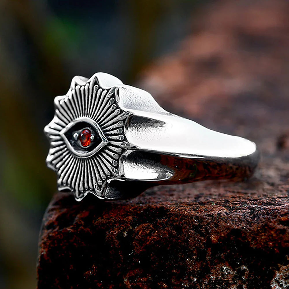Cool Rings for Men – Crimson Demon Eye Rune Gothic Viking Punk Biker Ring