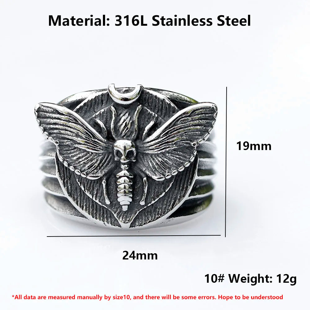 Skull Ring – Death's Head Moth 316L Stainless Steel Gothic Punk Biker Ring for Men Women