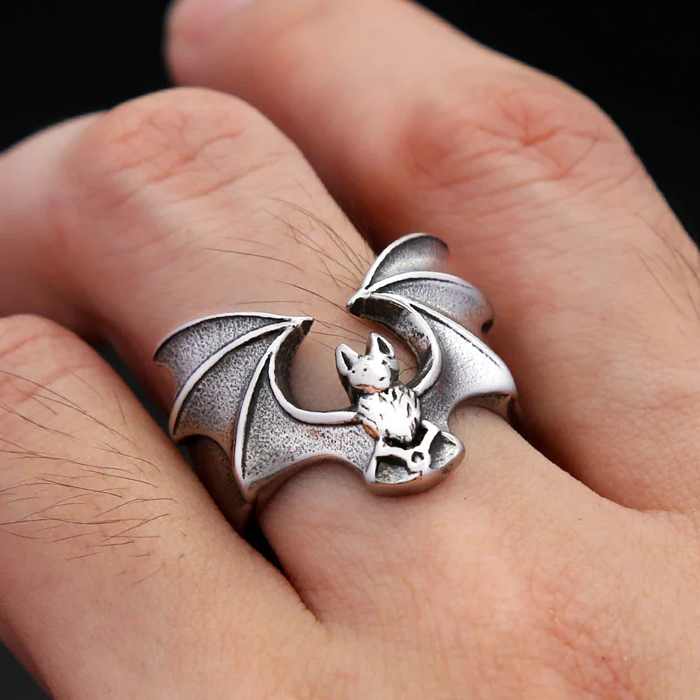 Gothic Bat Ring Stainless Steel – Punk Biker Wide Band Ring for Men Women