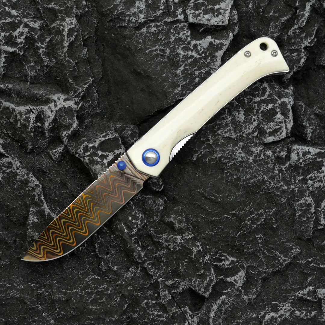 Winged Avian Damascus Folding Knife | G10 Handle & Zirconium Inlay | 59HRC